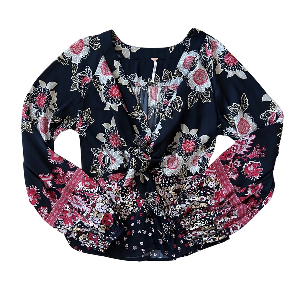 Free People Run Free Floral Tie Front Balloon Sleeve Peasant Blouse Black Red S